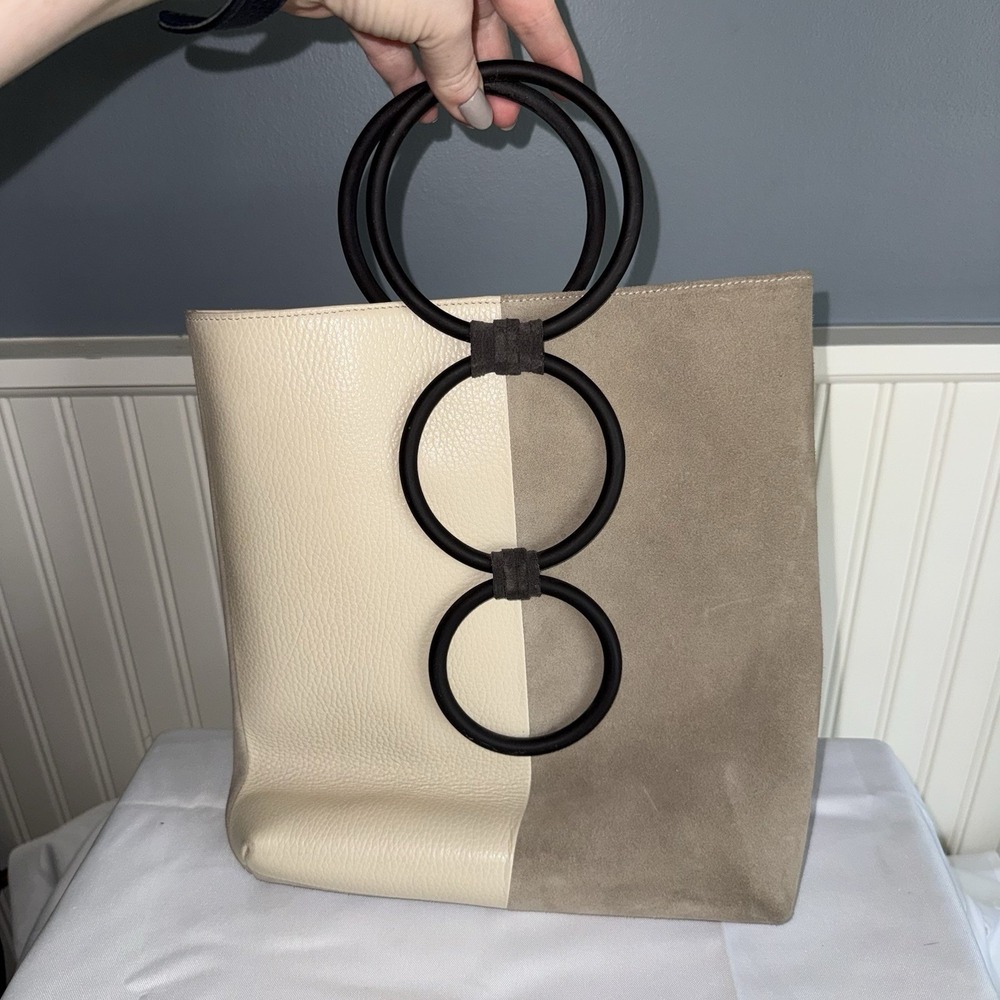 Carolina Santo Domingo Petra Mini Tote Bag Purse Cream Gray Black Metal Handles